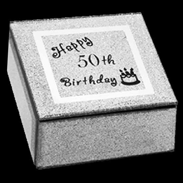 50th Birthday Jewellery Box Glittered glass black writing on glass candles on cake
