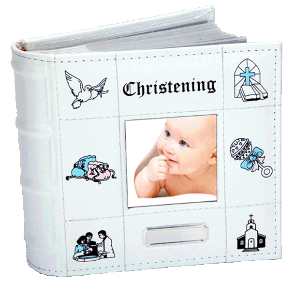 White Leather Christening Photo Album with Pink and Blue Ribbon Accent