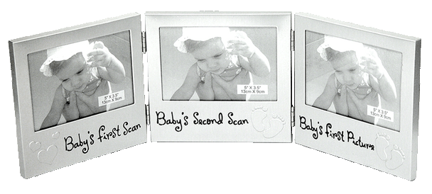 Silver triple photo frame for baby scans holds 3 4x6 inch pictures