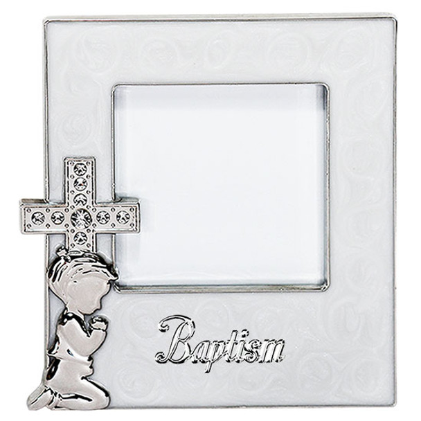 Baptism enamelled photo frame cross with child praying