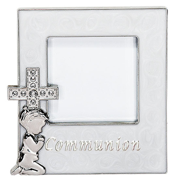 Communion photo frame diamond with cross child praying metal enamel look