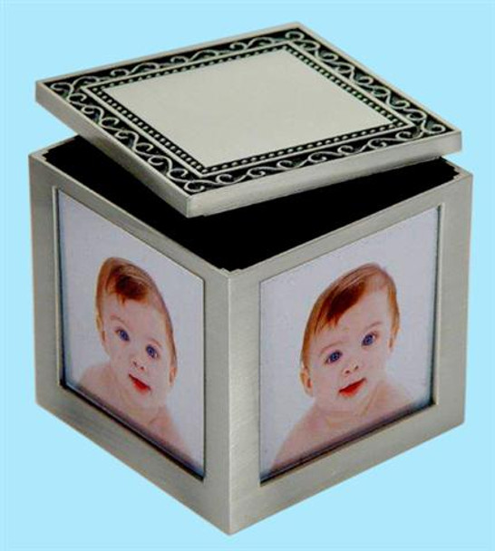 Trinket keepsake box pewter cube photo frames hold 2.5x2.5 inch pictures