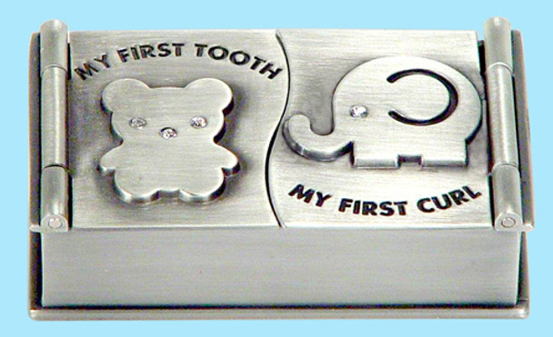 Pewter tooth & curl keepsake box teddy bear baby elephant design