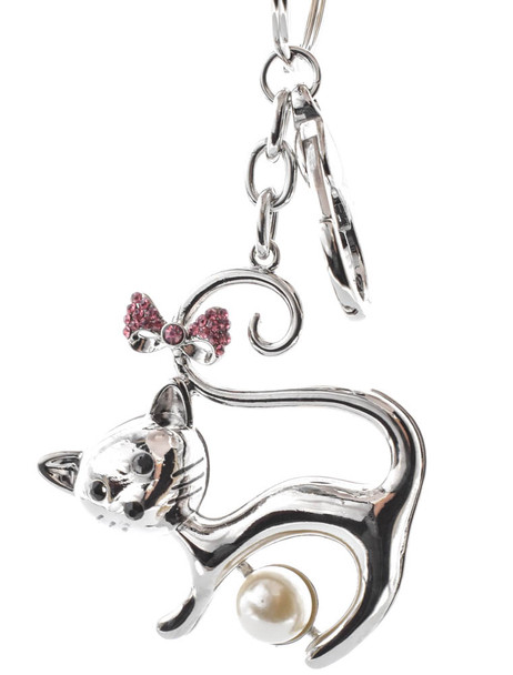 Silver cat crystal keychain with pink bow
