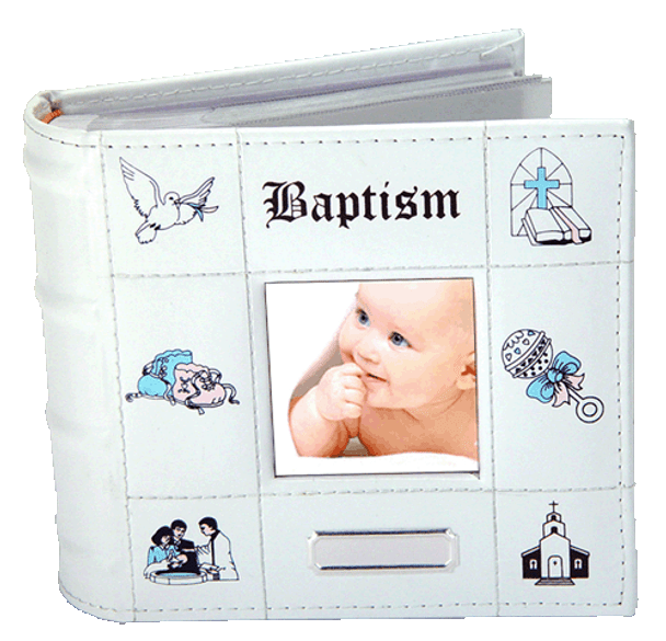 White baptisim photo album with pink blue baby decals engravable space