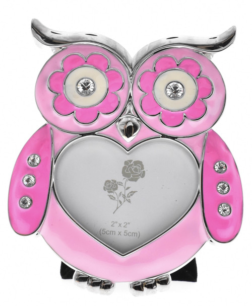 Pink enamelled owl shaped photo frame