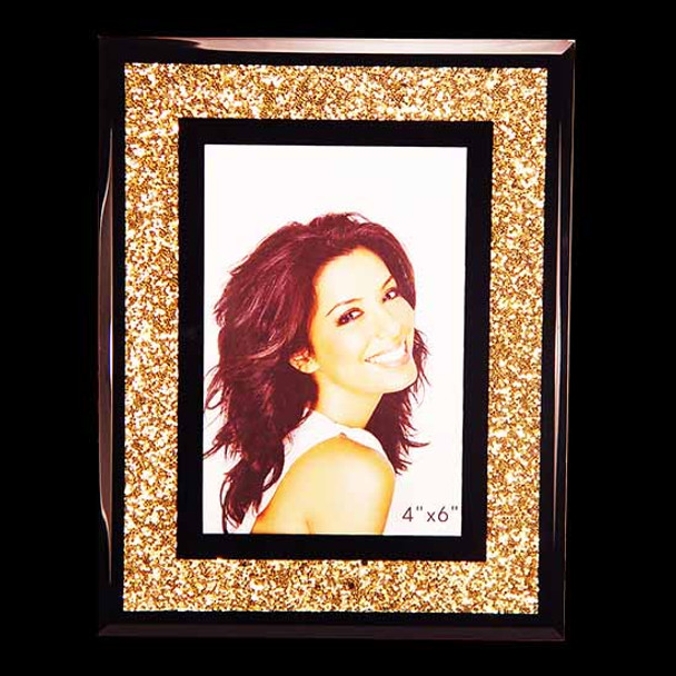 Gold and black glittered mirror photo frame, holds 5x7 inch picture