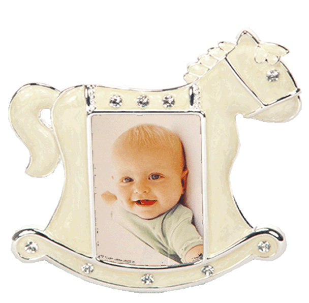 Enamelled rocking horse shape photo frame, holds 4x6 inch picture