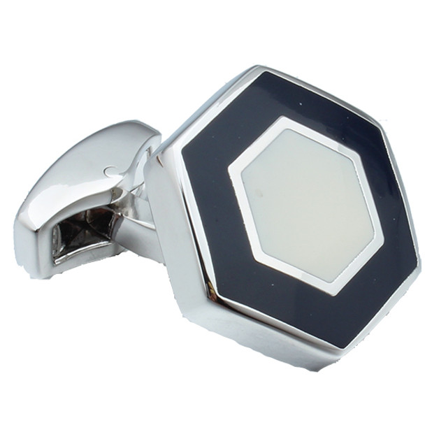 Silver rhodium hexagon cuff links with black and silver enamel design