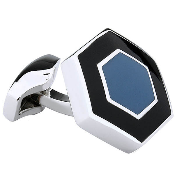 Silver rhodium hexagon cuff links with black and blue enamel design