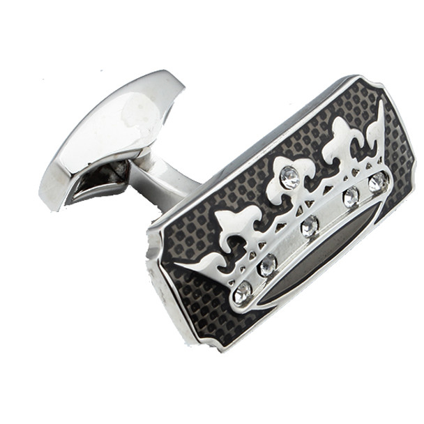 Silver rhodium rectangle cuff links with black and silver crown design