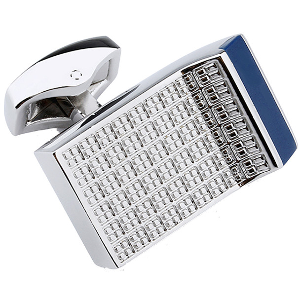 Silver rhodium rectangle cuff links with blue enamel design