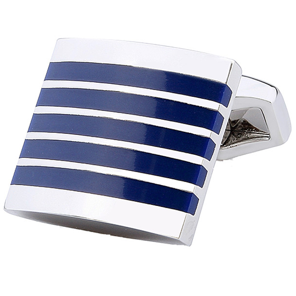 Silver rhodium square cuff links with dark blue striped enamel design