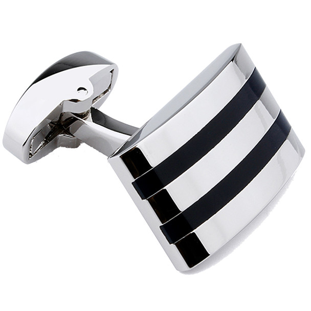 Silver rhodium square cuff links with black striped enamel design