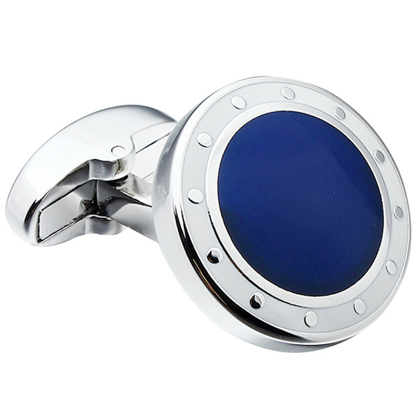 Silver rhodium round cuff links with blue enamel design