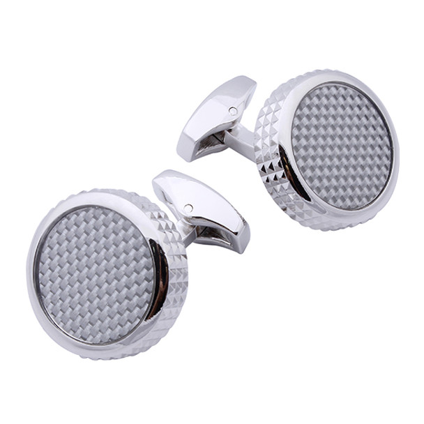 Silver rhodium round carbon fibre cuff links