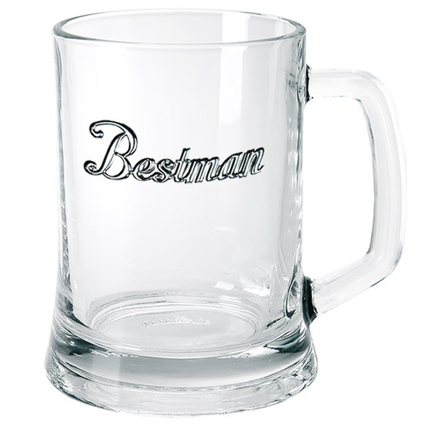 Wedding Glass beer mug with a Bestman pewter badge or a Silver embossed