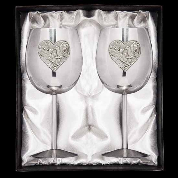 Pair of Wedding Wine goblet shiny finish Heart - Love or Wedding Bells badge