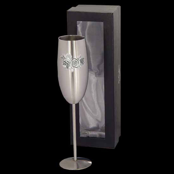 Wedding Champagne flute Shiny Mirror or Pewter finish with a Floral Badge