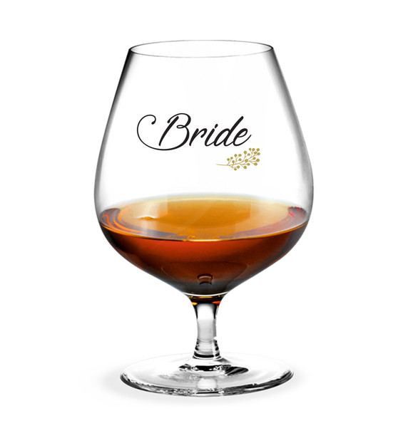 Wedding Single brandy glass Bride with Black or Gold decal on glass 410ml
