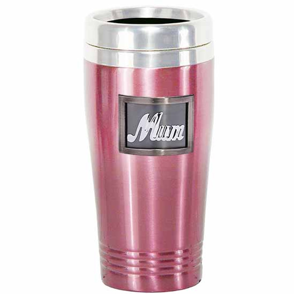 Mum Pink Coffee travel mug Pink matt finish with Mum Pewter silver badge