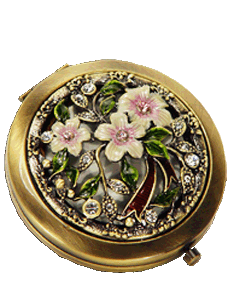 Bronze compact mirror for ladies with floral and crystal design