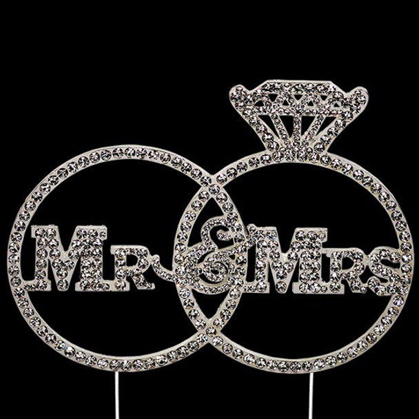 Mr & Mrs cake topper with wedding ring design and crystals