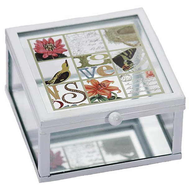 Clear glass floral print jewelry box, 9x9x5cm sqaure