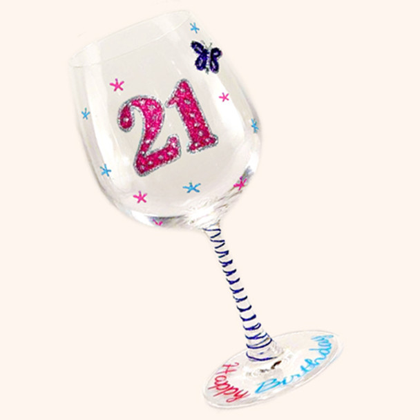 Hand painted 21st birthday wine glass with glittered design