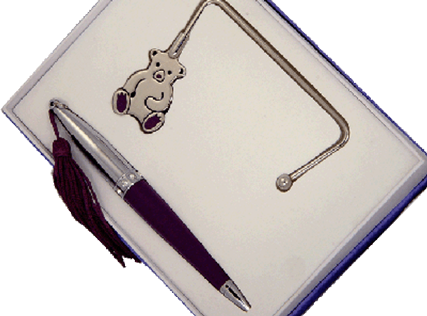 Purple pen and teddy bear design bag holder set