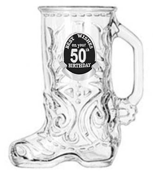 18th to 80th Birthday Libbey Glass Boot Beer Mug Black Pewter Birthday Badge