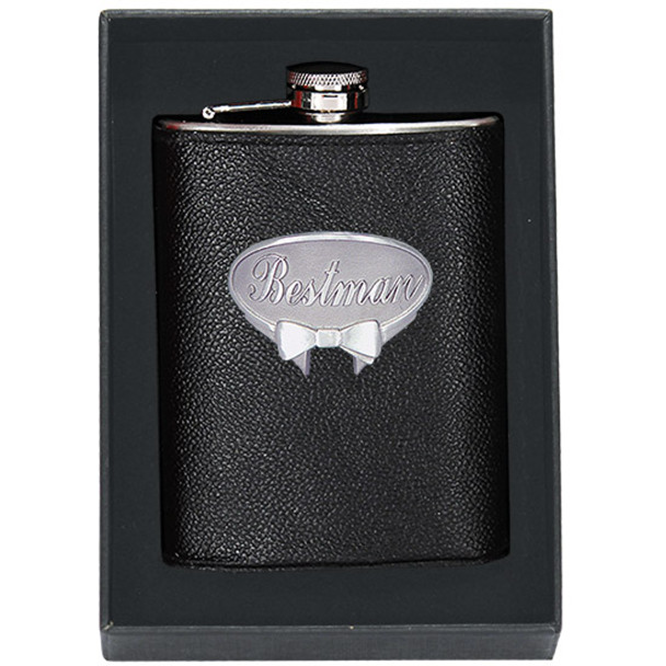 Wedding Hip flask leather covered Stainless steel with a Bestman Pewter Badge
