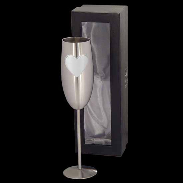 Wedding Champagne flute Shiny Mirror or Pewter finish with a Heart Badge