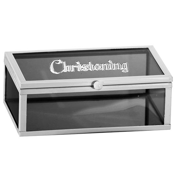 Christening Jewellery box smoked glass enamel look embossed Christening