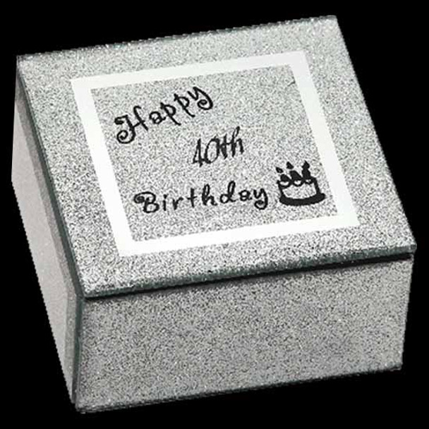 40th Birthday Jewellery Box Glittered glass black writing on glass candles on cake