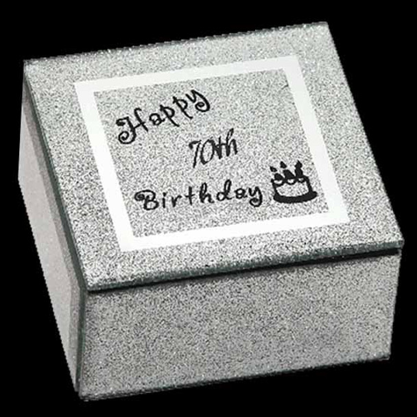 70th Birthday Jewellery Box Glittered glass black writing on glass candles on cake