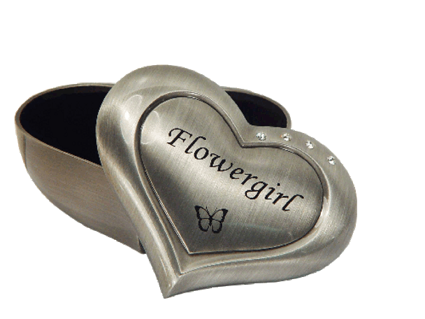 Wedding Flower Girl diamantes Jewellery box heart shaped pewter black writing