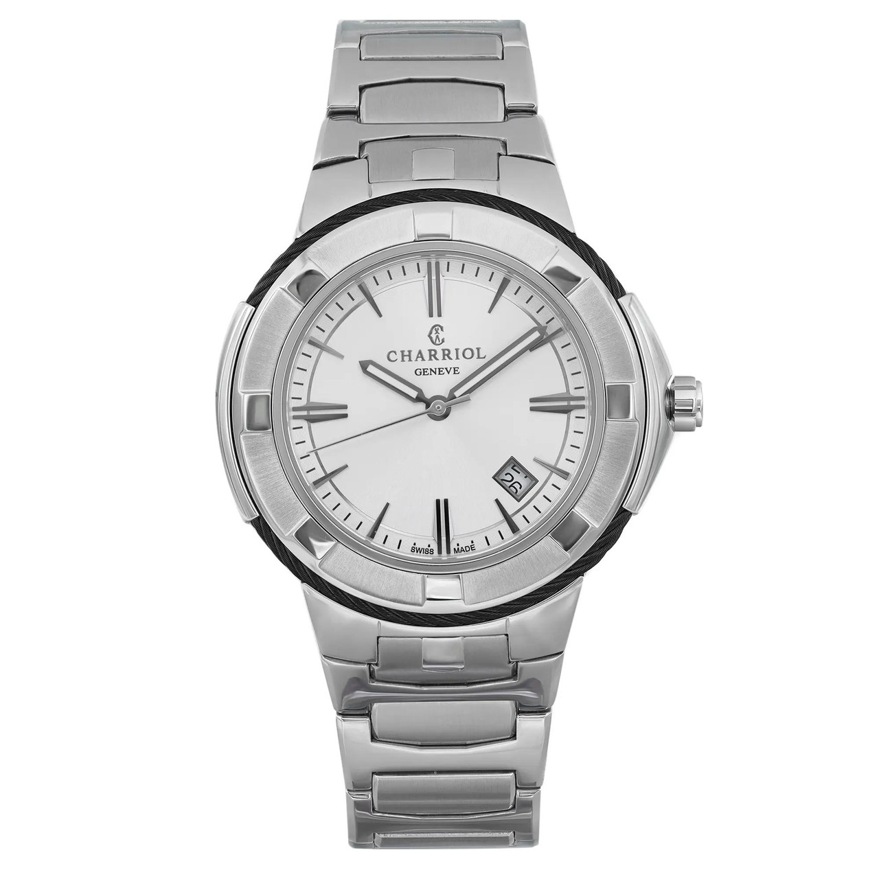Charriol Geneve 43mm Steel Silver Dial Quartz Mens Watch CE443B