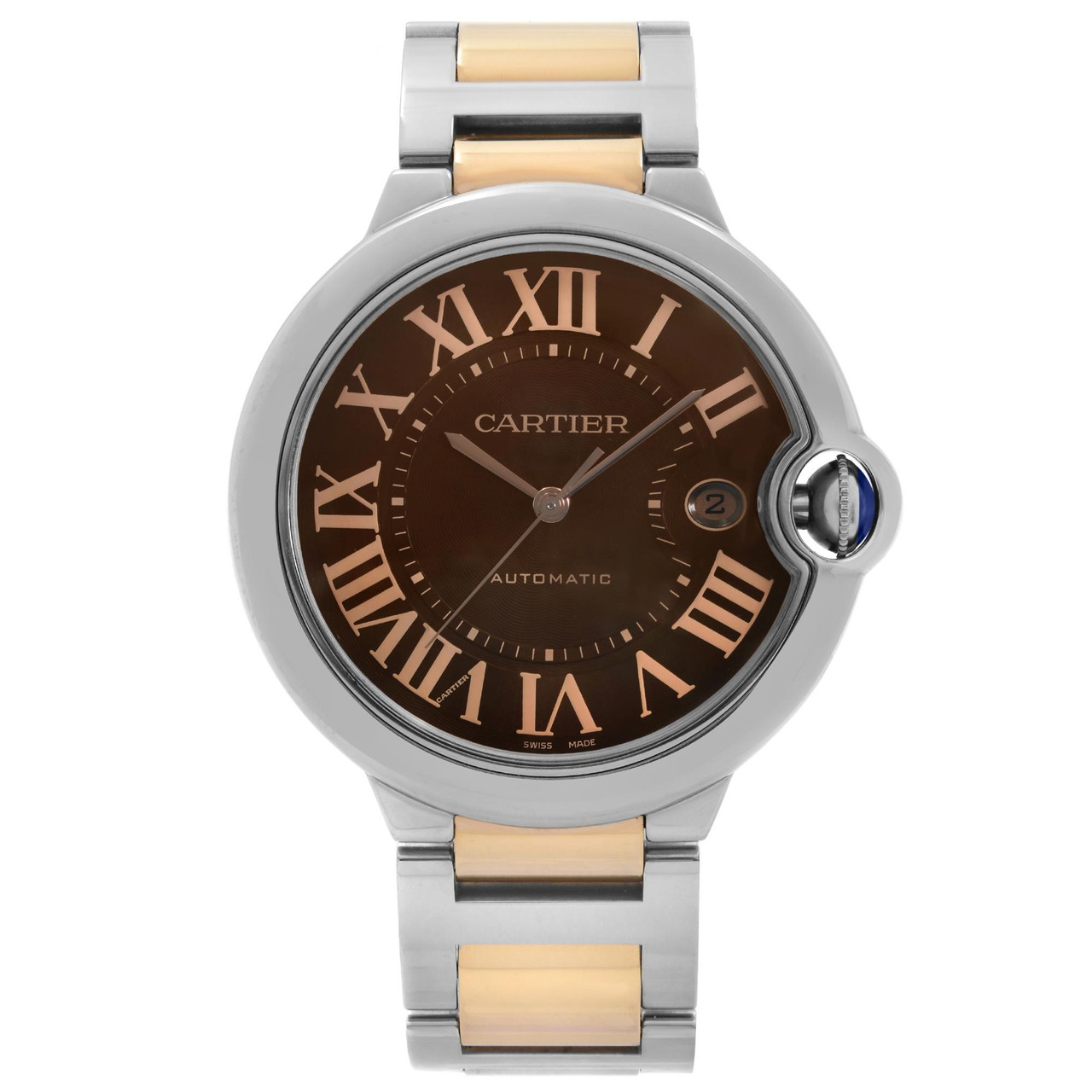 Cartier Ballon Bleu Steel 18k Rose Gold Chocolate Dial Mens Watch