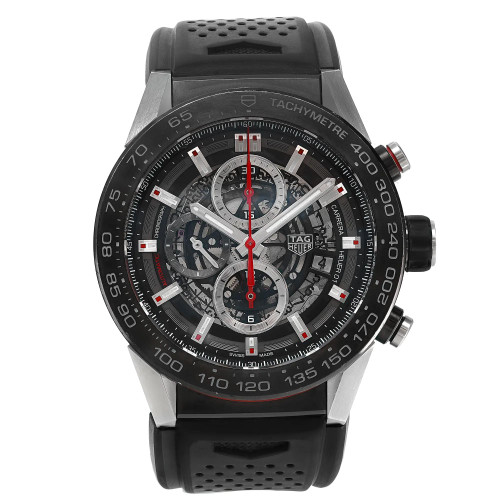An image of a Wristwatch by TAG Heuer. This Pre Owned item is designed for Men, featuring a Sport style. It has a Mechanical (Automatic) movement and an Analog display with a Gray dial color. The indices include 12-Hour Dial,Stick Indexes. The band is made of Rubber and the case is made of Stainless Steel. The watch has a Round shape with a case size of 45 mm and a case thickness of 17 mm.