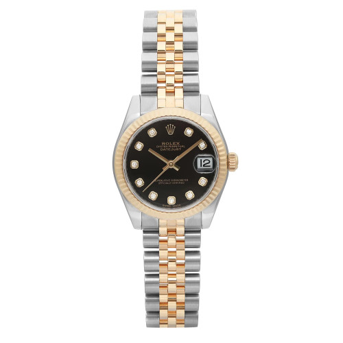 An image of a Wristwatch by Rolex. This Pre Owned item is designed for Women, featuring a Luxury style. It has a Mechanical (Automatic) movement and an Analog display with a Black dial color. The indices include 12-Hour Dial,Diamond Markers. The band is made of Stainless Steel,Yellow Gold and the case is made of Stainless Steel. The watch has a Round shape with a case size of 31 mm and a case thickness of 10 mm.