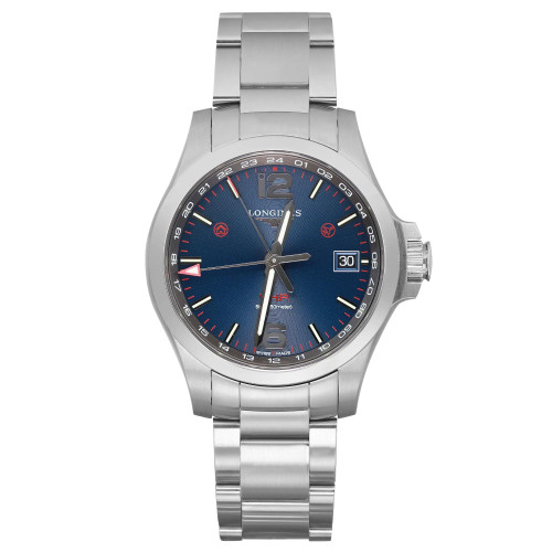 An image of a Wristwatch by Longines. This Unworn item is designed for Men, featuring a Dress/Formal style. It has a Quartz movement and an Analog display with a Blue dial color. The indices include 12-Hour Dial,Arabic Numerals,Stick Indexes. The band is made of Stainless Steel and the case is made of Stainless Steel. The watch has a Round shape with a case size of 41 mm and a case thickness of 13 mm.