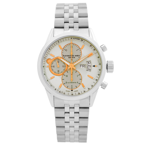 An image of a Wristwatch by RAYMOND WEIL. This Display Model item is designed for Men, featuring a Luxury style. It has a Mechanical (Automatic) movement and an Analog display with a Silver dial color. The indices include 12-Hour Dial,Non-Numeric Hour Marks,Stick Indexes. The band is made of Stainless Steel and the case is made of Stainless Steel. The watch has a Round shape with a case size of 42 mm and a case thickness of 14 mm.