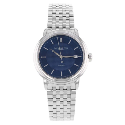 An image of a Wristwatch by RAYMOND WEIL. This Display Model item is designed for Men, featuring a Casual style. It has a Mechanical (Automatic) movement and an Analog display with a Blue dial color. The indices include 12-Hour Dial,Sticks. The band is made of Stainless Steel and the case is made of Stainless Steel. The watch has a Round shape with a case size of 39 mm and a case thickness of 10 mm.