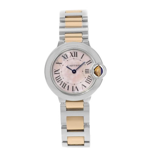 An image of a Wristwatch by Cartier. This Pre Owned item is designed for Women, featuring a Luxury style. It has a Quartz movement and an Analog display with a Pink dial color. The indices include 12-Hour Dial,Roman Numerals. The band is made of Rose Gold,Stainless Steel and the case is made of Stainless Steel. The watch has a Round shape with a case size of 28 mm and a case thickness of 9 mm.