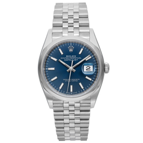 An image of a luxury men's Rolex wristwatch in unworn condition, shown from a front full frontal view. The watch has a round shape, featuring a blue sunburst dial with stick indexes and a date indicator. The bezel is gray, and both the band and case are made of stainless steel. The watch includes luminous hands and is in excellent condition.