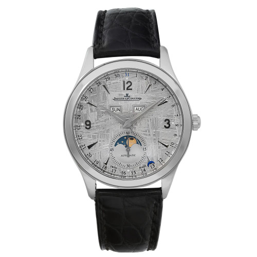 An image of a Wristwatch by Jaeger-LeCoultre. This Pre Owned item is designed for Men, featuring a Luxury style. It has a Mechanical (Automatic) movement and an Analog display with a Silver dial color. The indices include 12-Hour Dial,Arabic Numerals,Stick Indexes. The band is made of Leather and the case is made of Stainless Steel. The watch has a Round shape with a case size of 39 mm and a case thickness of 11 mm.