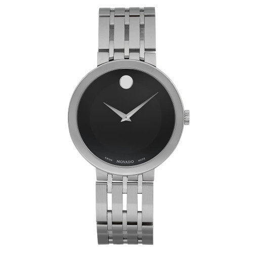 An image of a Wristwatch by Movado. This Pre Owned item is designed for Men, featuring a Casual style. It has a Quartz movement and an Analog display with a Black dial color. The indices include 12-Hour Dial,No Hour Marks. The band is made of Stainless Steel and the case is made of Stainless Steel. The watch has a Round shape with a case size of 39 mm and a case thickness of 7 mm.
