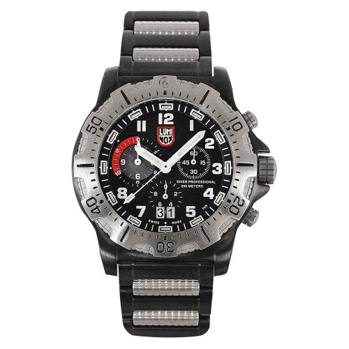 An image of a Wristwatch by Luminox. This Pre Owned item is designed for Men, featuring a Dress/Formal style. It has a Quartz movement and an Analog display with a Black dial color. The indices include 12-Hour Dial,Arabic Numerals,Easy to Read/Large Numerals,Multi Dial. The band is made of Stainless Steel and the case is made of Stainless Steel. The watch has a Round shape with a case size of 44 mm and a case thickness of 13 mm.
