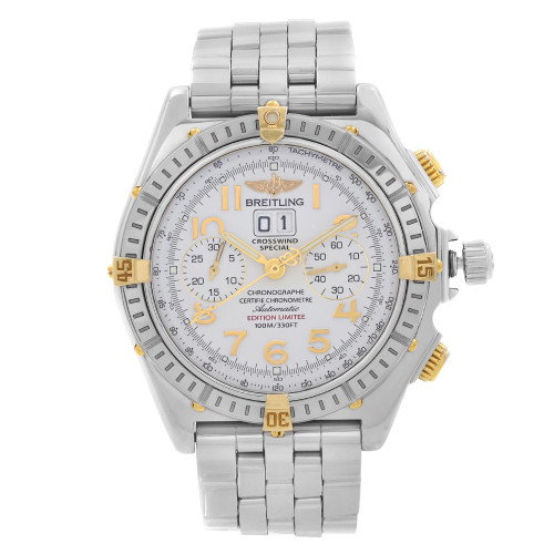 An image of a pre-owned Breitling men's Limited edition wristwatch in a luxury, sport style. The watch is presented in a frontal view at a close distance, showcasing a white dial with gold-tone, and steel bezel and a stainless steel band. The round case encloses a 12-hour dial featuring Arabic numerals, multiple subdials for chronograph functions, and a date display at the 3 o'clock position. The watch has a tachymeter on the inner bezel ring and is identified as the "Crosswind Special" edition.